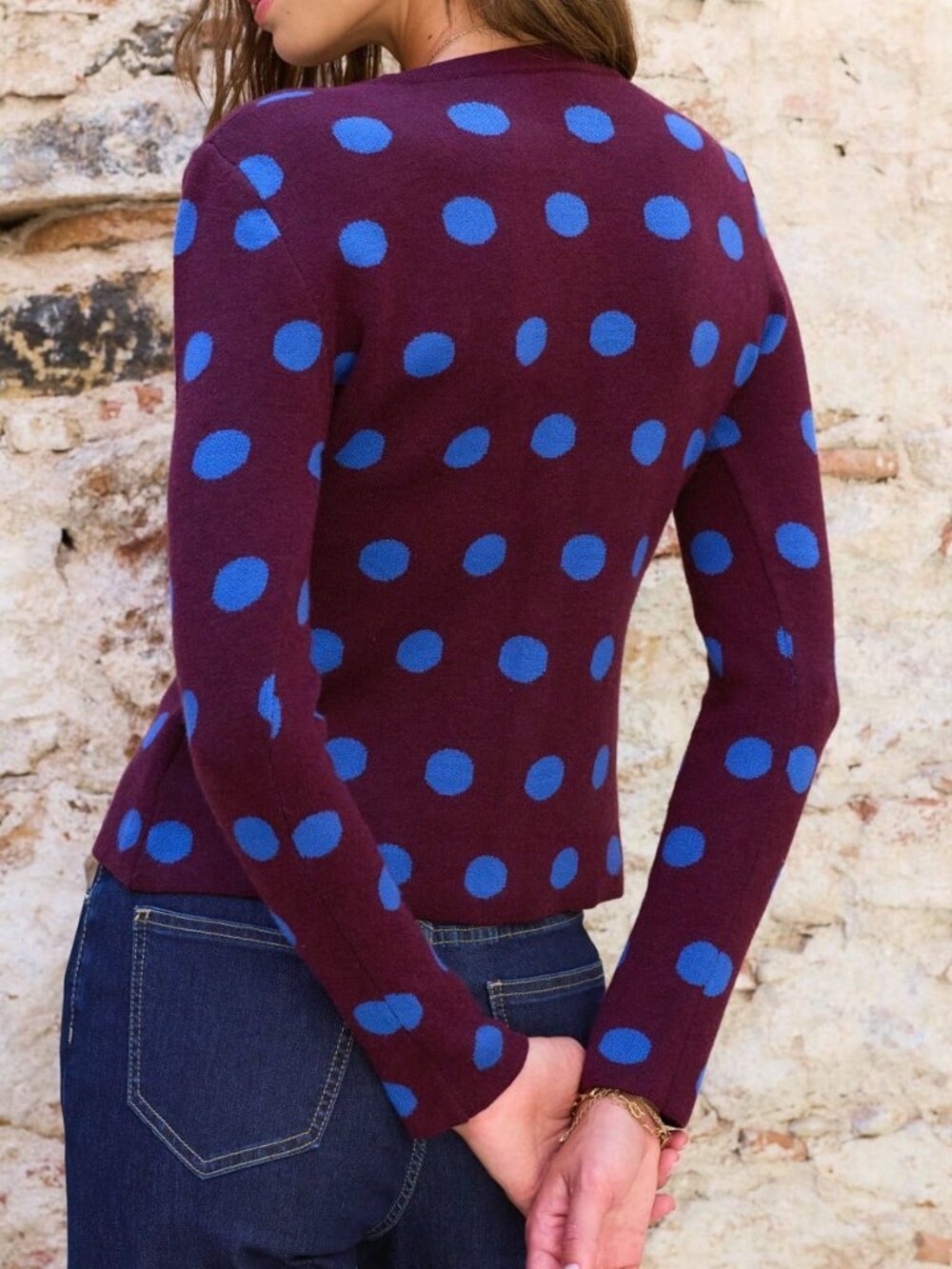 Multicolor Casual Women's Polka Dot Button Front Pocket Knit Cardigan - Picture 2 of 8